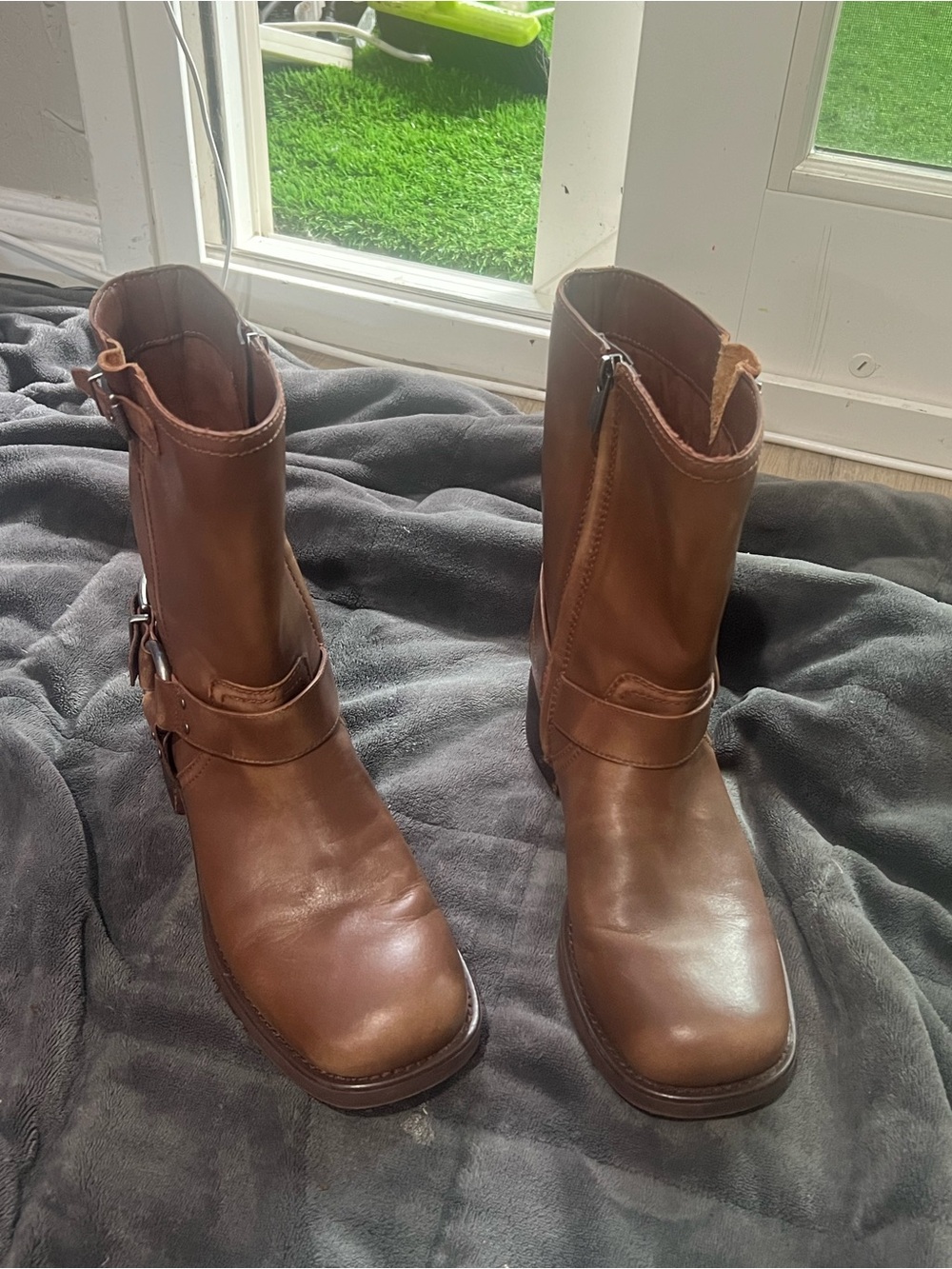 Women's Brown Leather Moto Harness Boots with Side Buckle